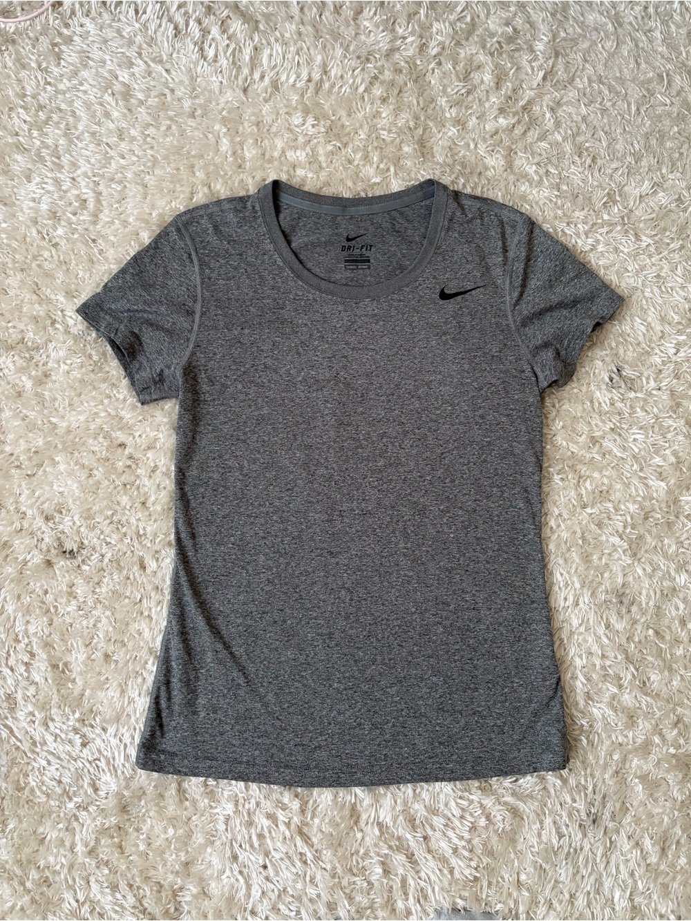Nike Women’s Grey Dri-FIT Short Sleeve Performance Tee Gym Running Black Swoosh